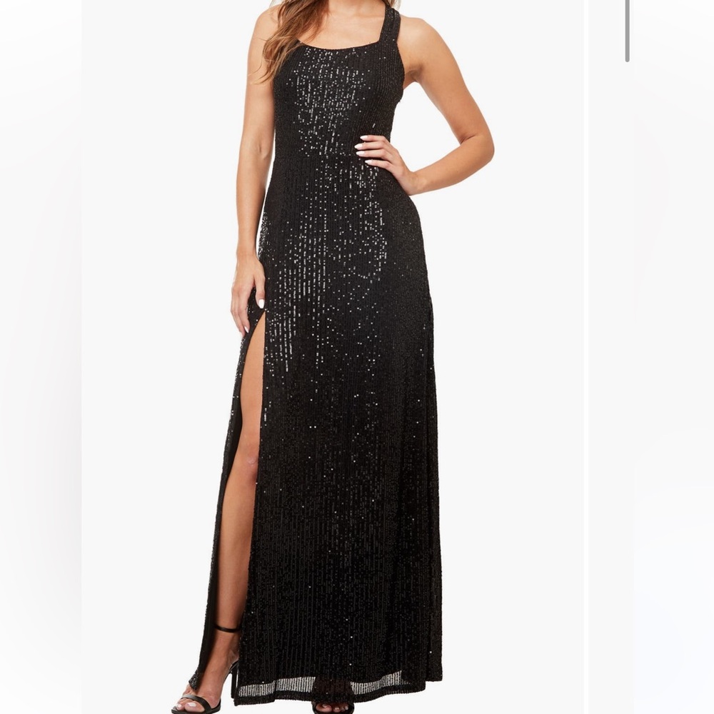 NWT Elegant Black Sequin Cross Back Maxi Gown